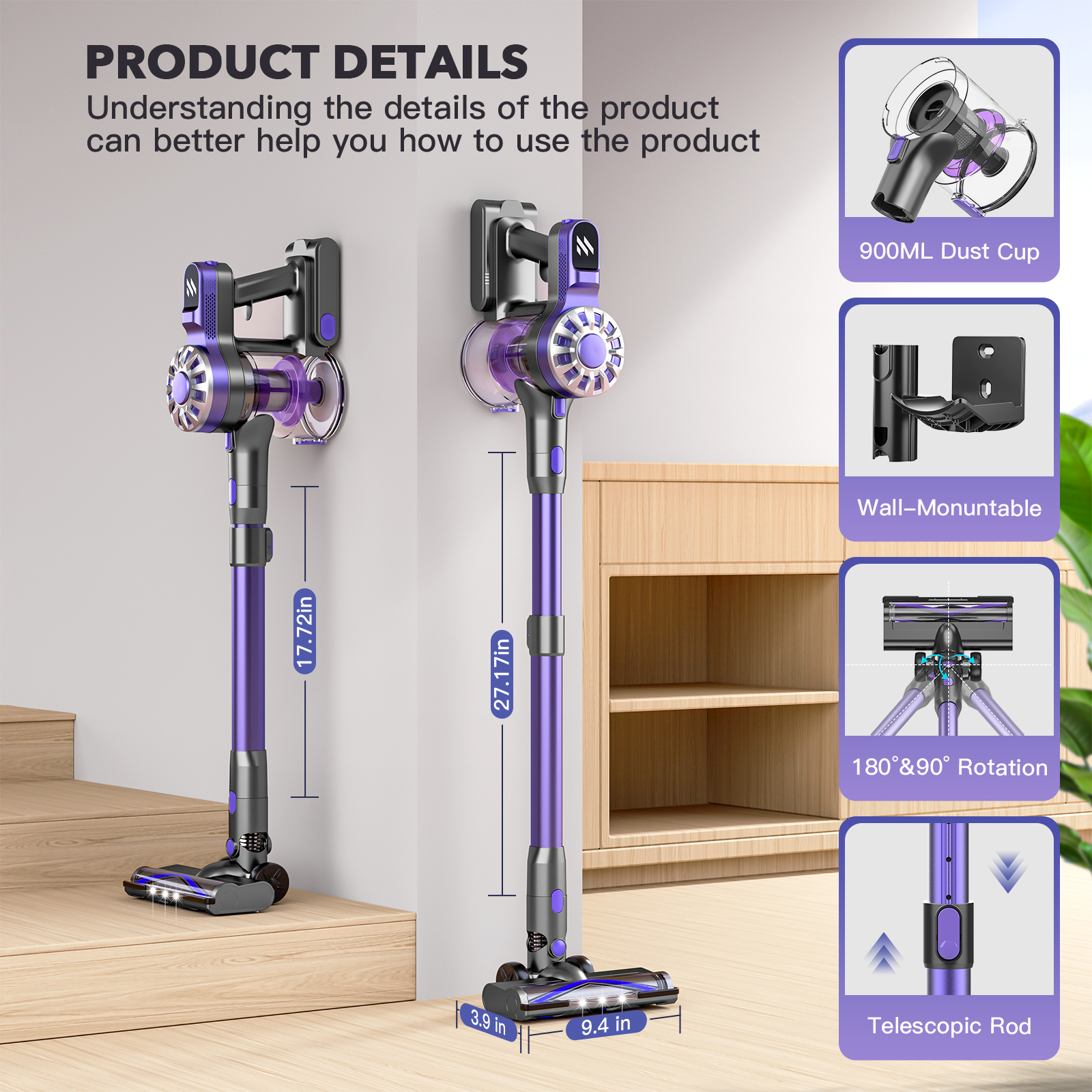 LX-VC-P-Cordless Handheld Vacuum Cleaner, 12kPa Power, Multi-Purpose, LED, Wall-Mount, Purple