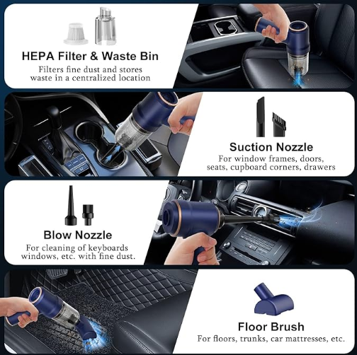 LX-CVC-2-in-1 Mini Cordless Car Vacuum & Air Duster with 9000Pa Suction, HEPA Filter, and 6 Nozzles