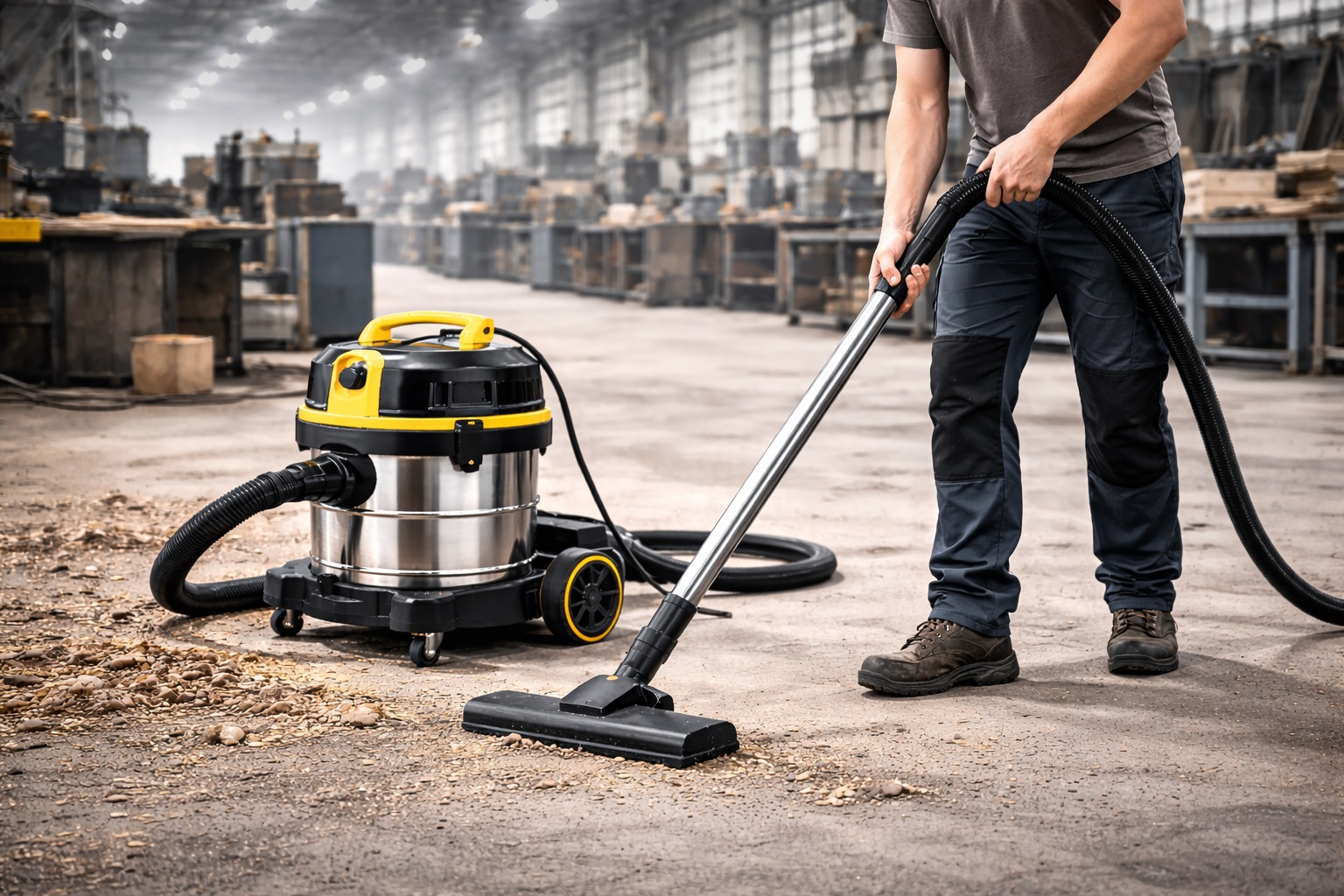 User-Friendly Industrial Vacuum – Wet Dry Canister for Large-Area Factory Cleanup