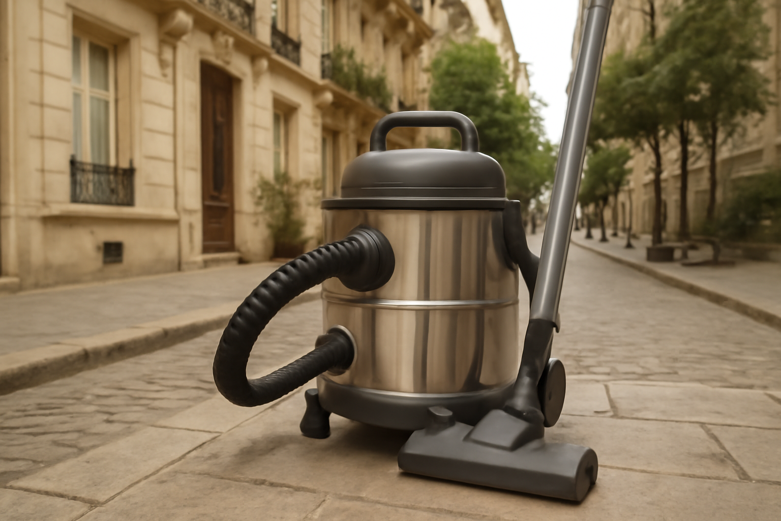 High-Power Stainless Steel Vacuum Cleaner with Dual Hose Design for Urban and Commercial Cleaning