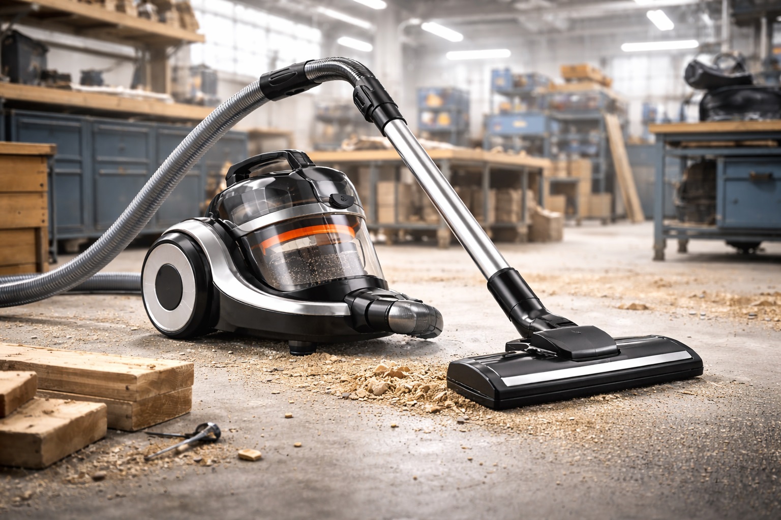 Compact Industrial Canister Vacuum Cleaner – Bagless Cyclonic System for Woodshops & Workshops