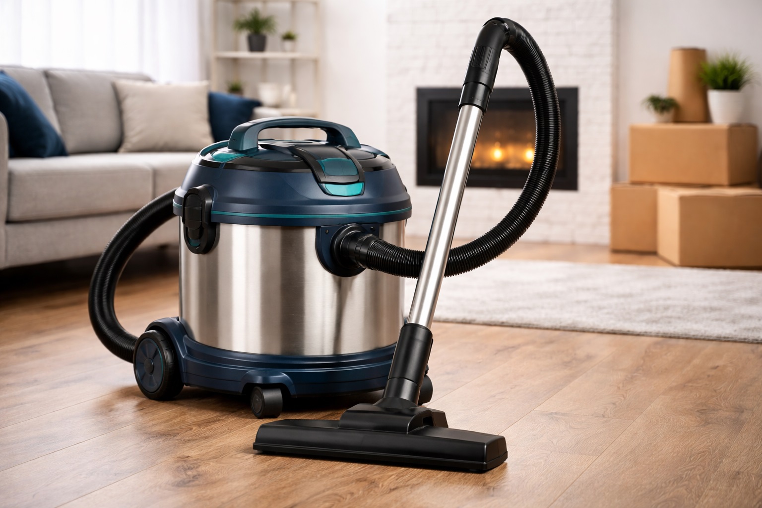 Large-Capacity Barrel Vacuum Cleaner with Dark Metallic Blue and Silver Accents