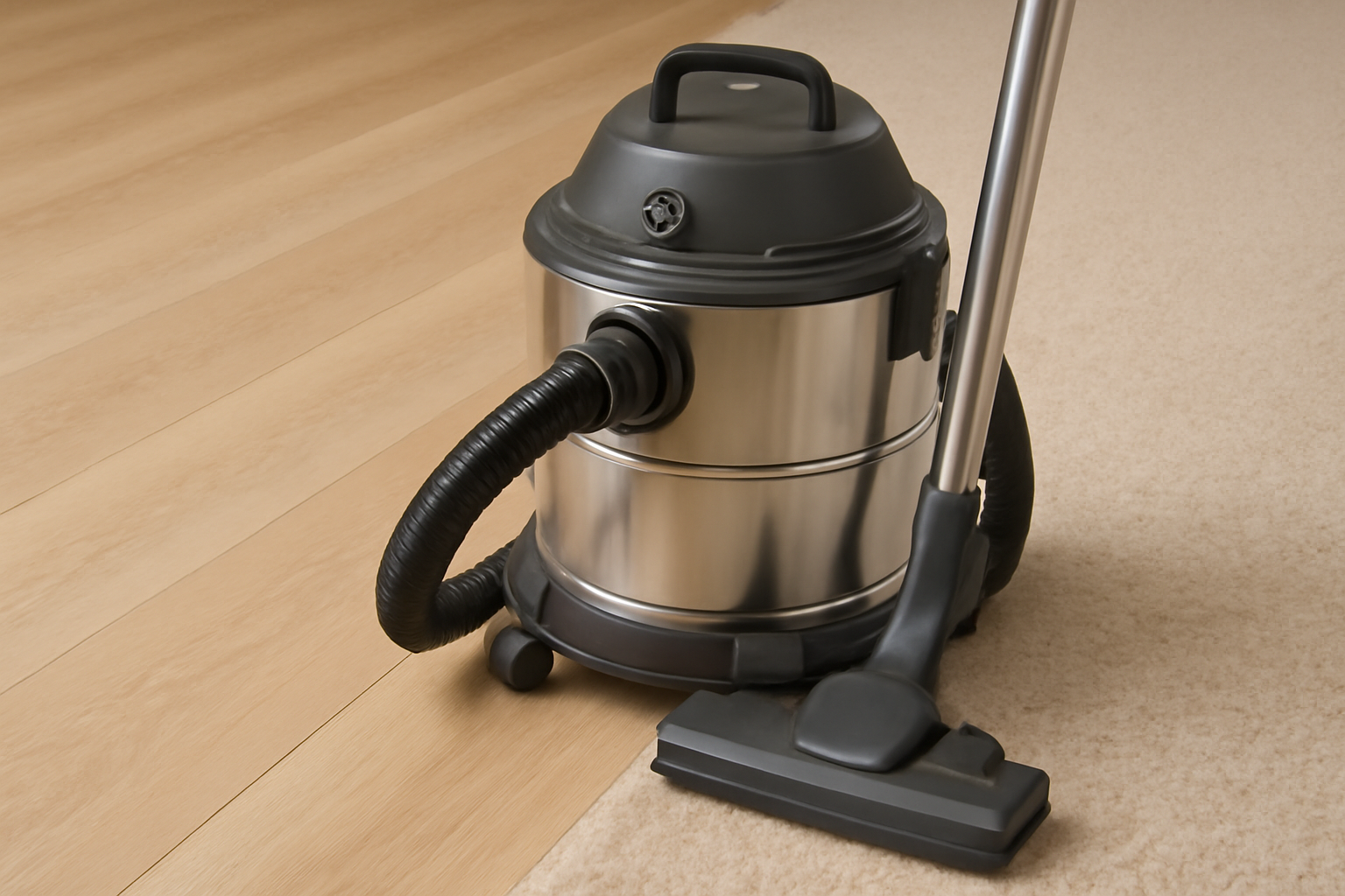 Stainless Steel Wet Dry Vacuum Cleaner with Powerful Suction, Heavy-Duty Build, and Long Hose for Garage, Workshop, and Home Cleaning