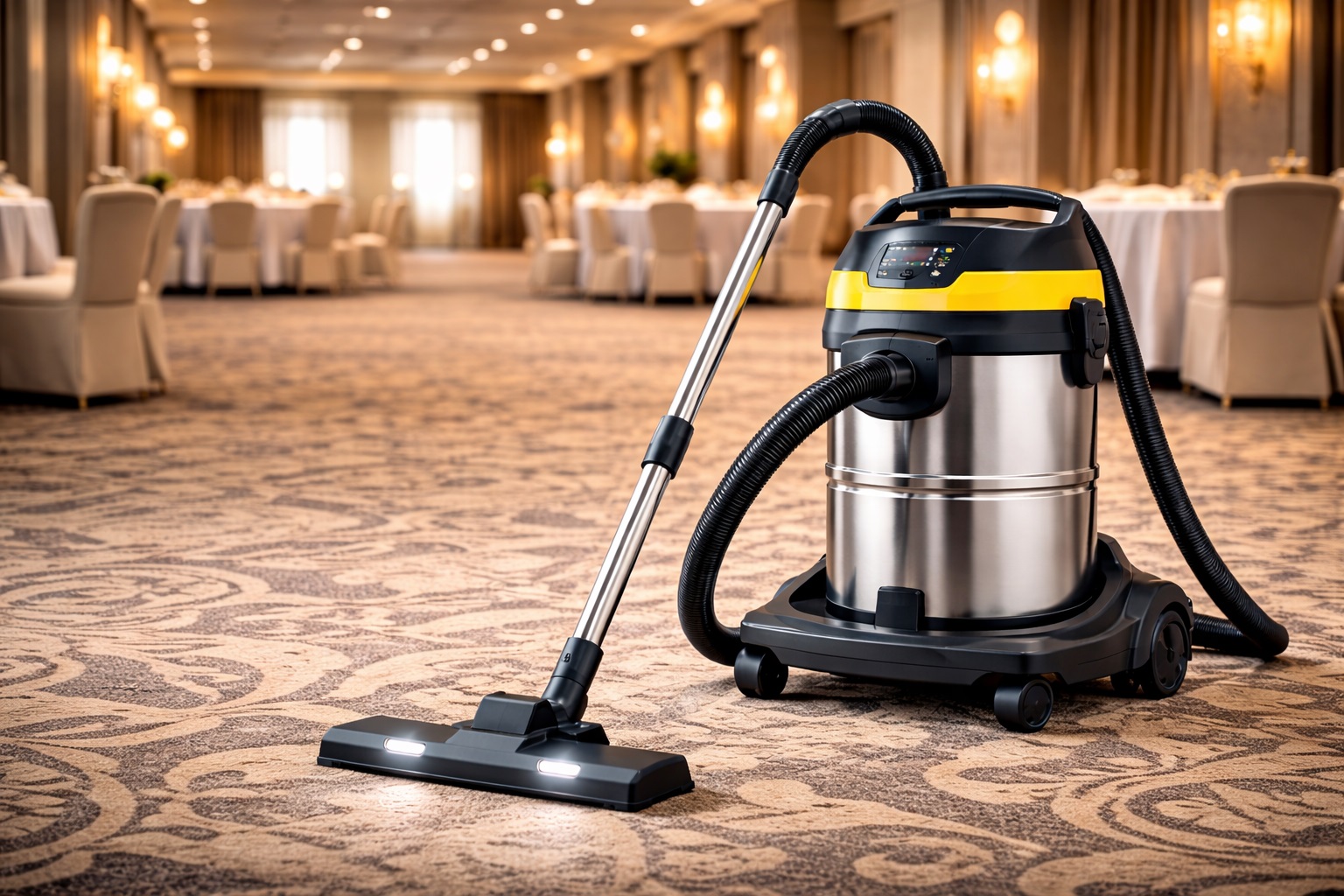 Heavy Duty Commercial Vacuum Cleaner for Large Hotel Carpets - Stainless Steel Design with LED Lights