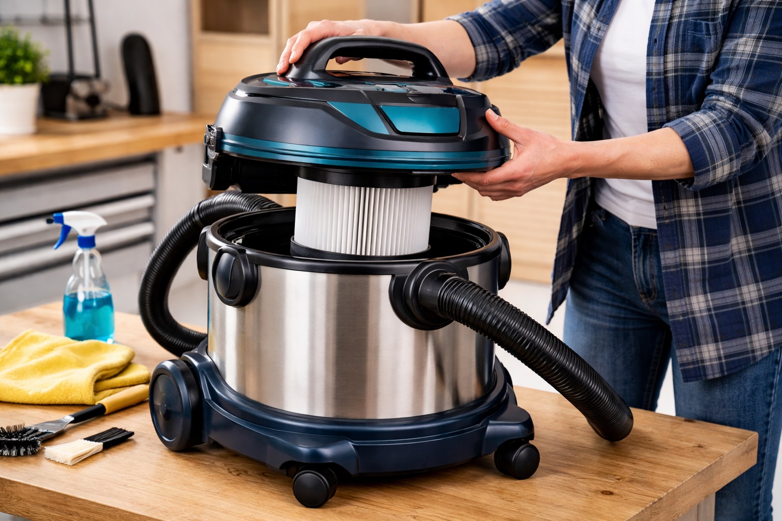 Wet and Dry Vacuum Cleaner with Stainless Steel Body and Dark Blue Teal Accents