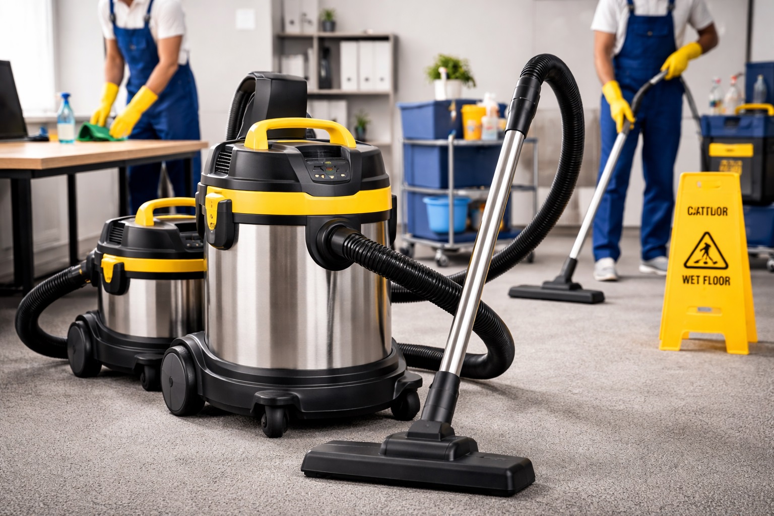 Commercial Wet and Dry Vacuum Cleaner with Stainless Steel Body and Yellow and Black Design