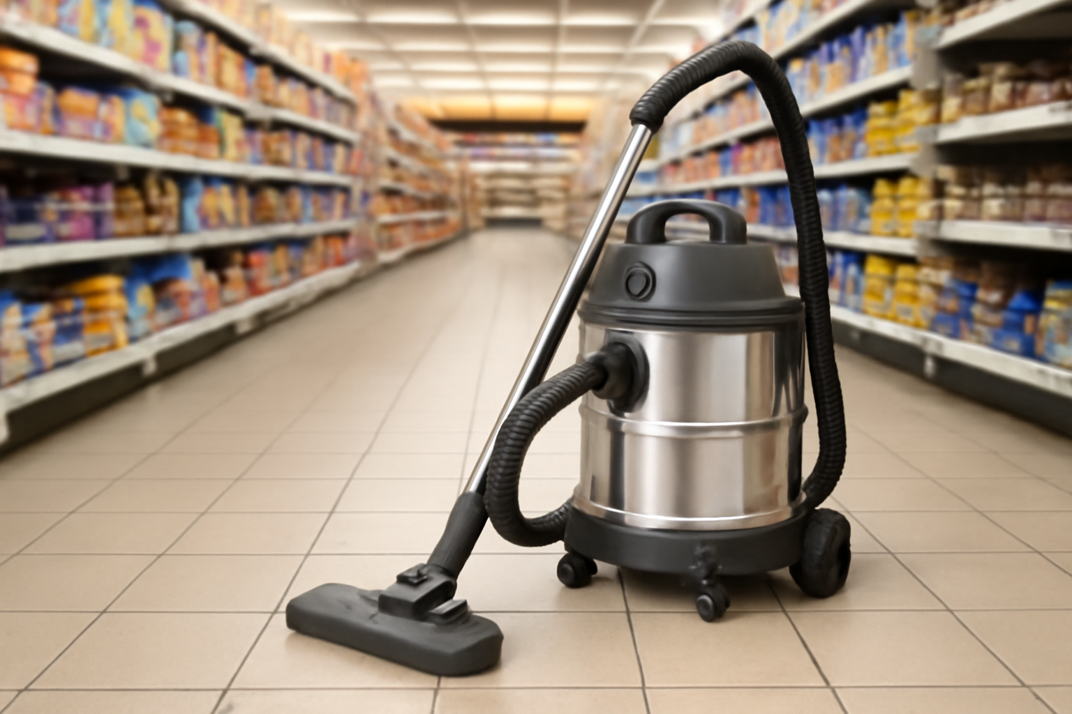 Commercial Grade Stainless Steel Wet Dry Vacuum Cleaner with Long Wand, High Capacity, and Heavy Duty Design for Supermarkets and Large Areas