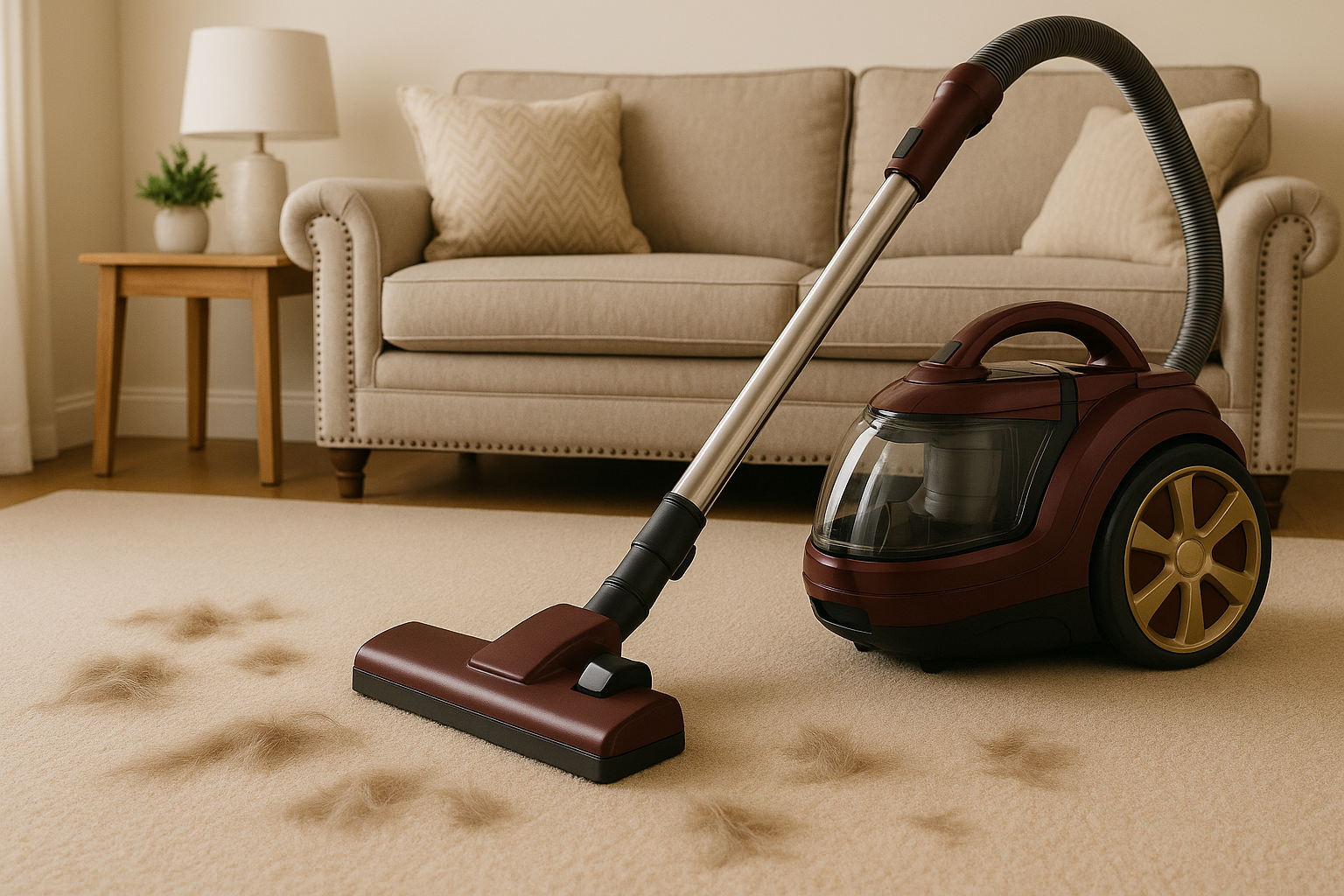 Low-Noise Pet Vacuum Cleaner with Elegant Maroon Barrel Design – Gold-Wheel High Suction for Carpet Hair