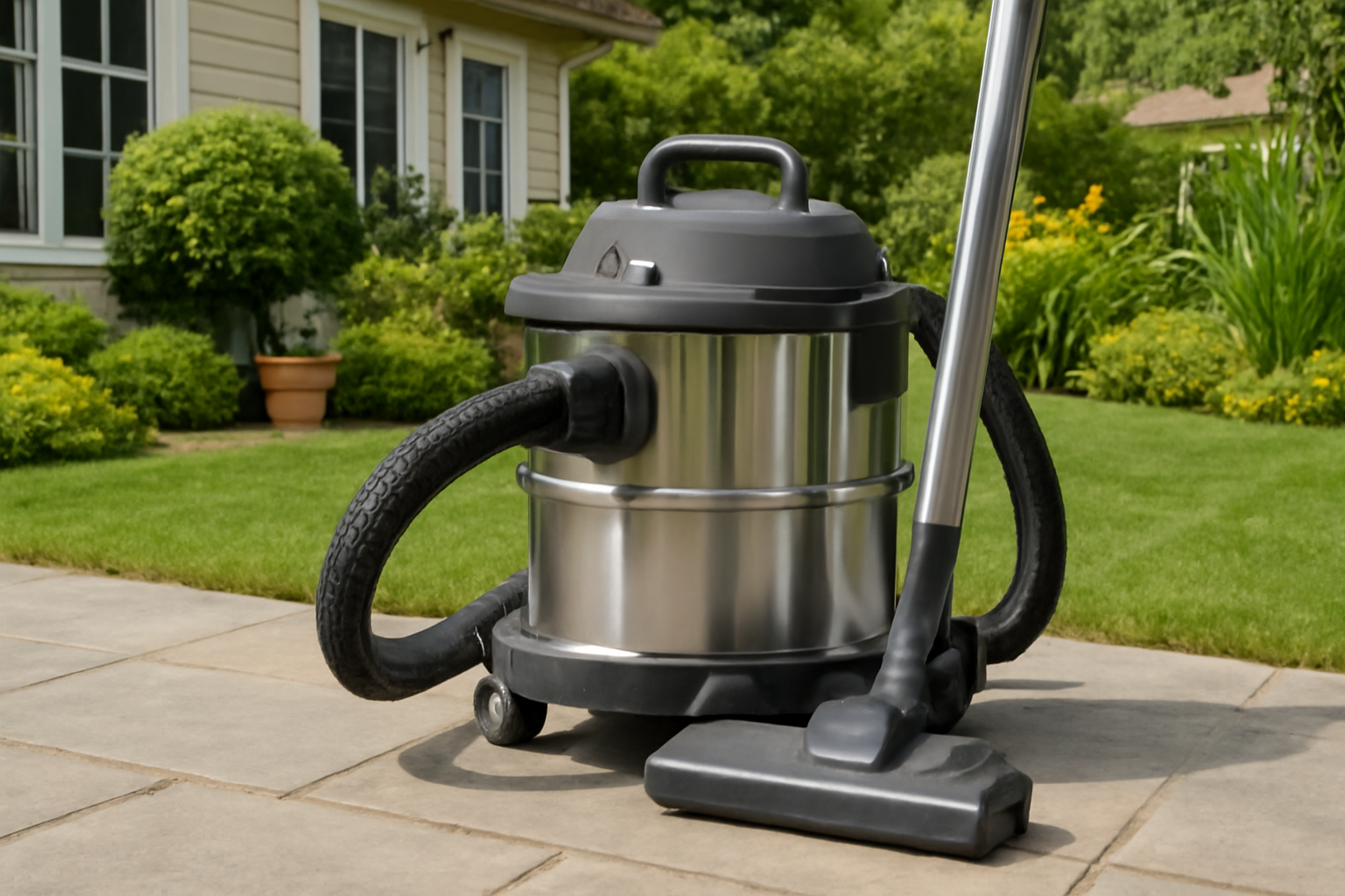 Outdoor Wet Dry Vacuum Cleaner with Stainless Steel Tank, Rugged Wheels, and Powerful Suction for Home Garden, Garage, and Patio Cleaning