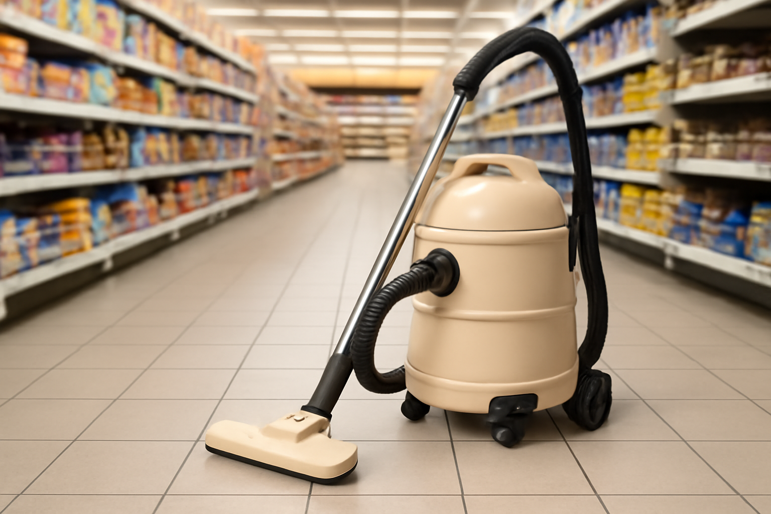 Beige Commercial Wet Dry Vacuum Cleaner with High Capacity, Lightweight Plastic Tank, and Floor Nozzle for Supermarket and Office Cleaning