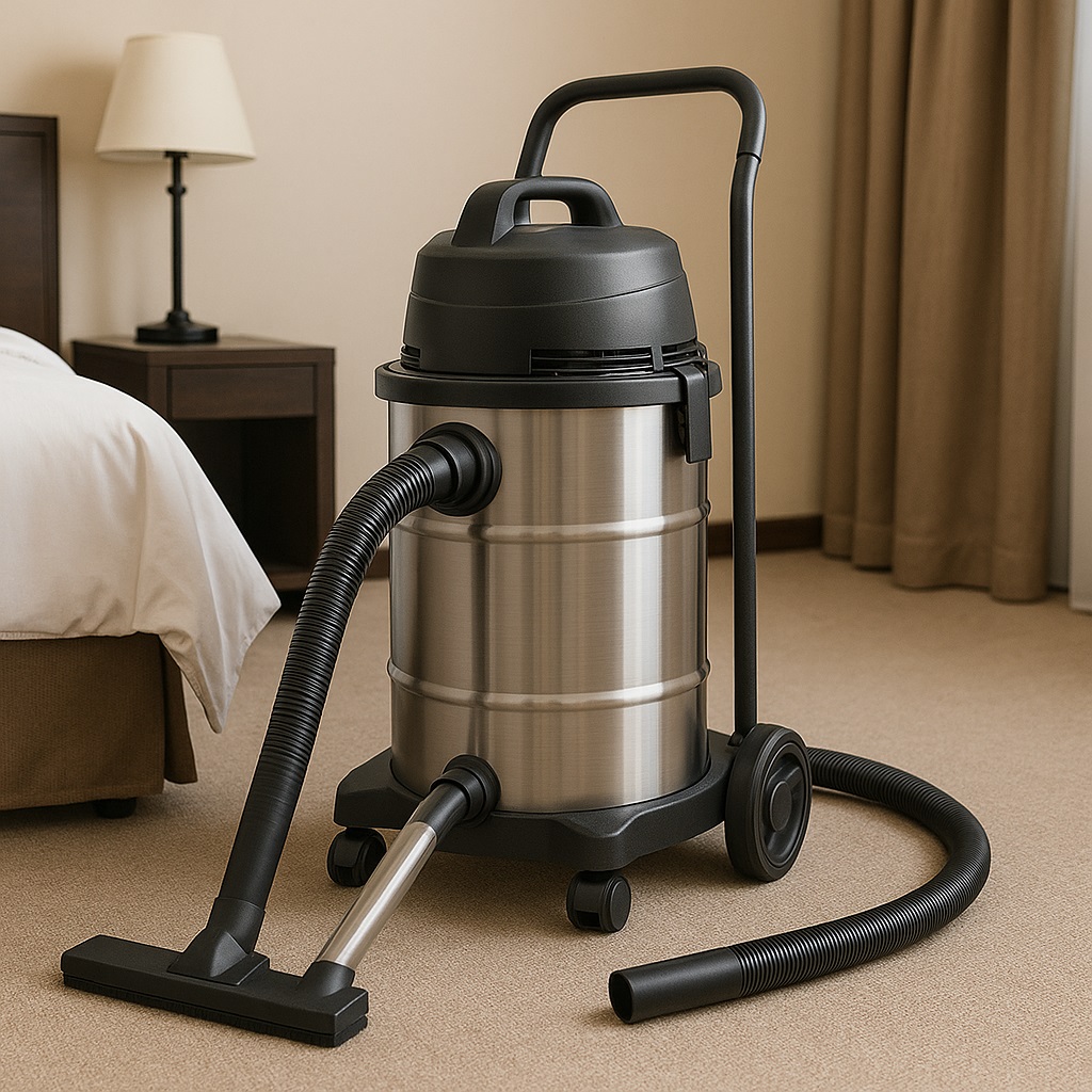 Stainless Steel Hotel Barrel Vacuum Cleaner 30L – Silent Wet Dry Vacuum with Push Handle for Hospitality & Room Cleaning