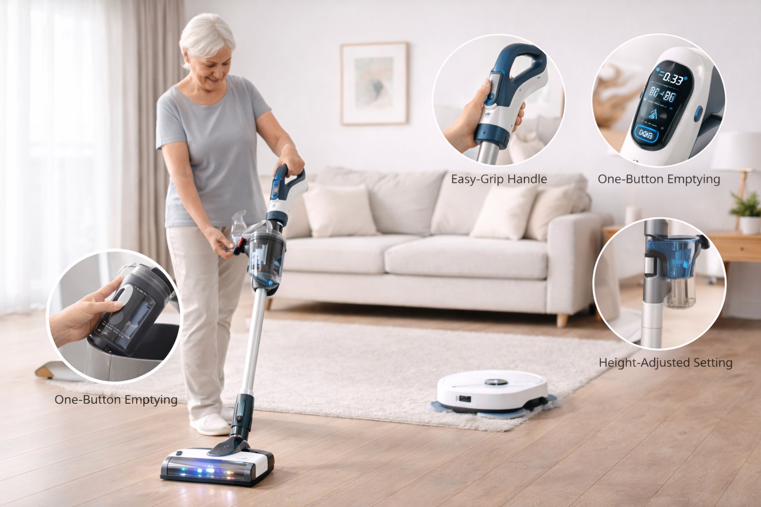 Senior-Friendly Vacuum – Ergonomic Cordless Stick Vacuum with Easy Grip and One-Button Emptying