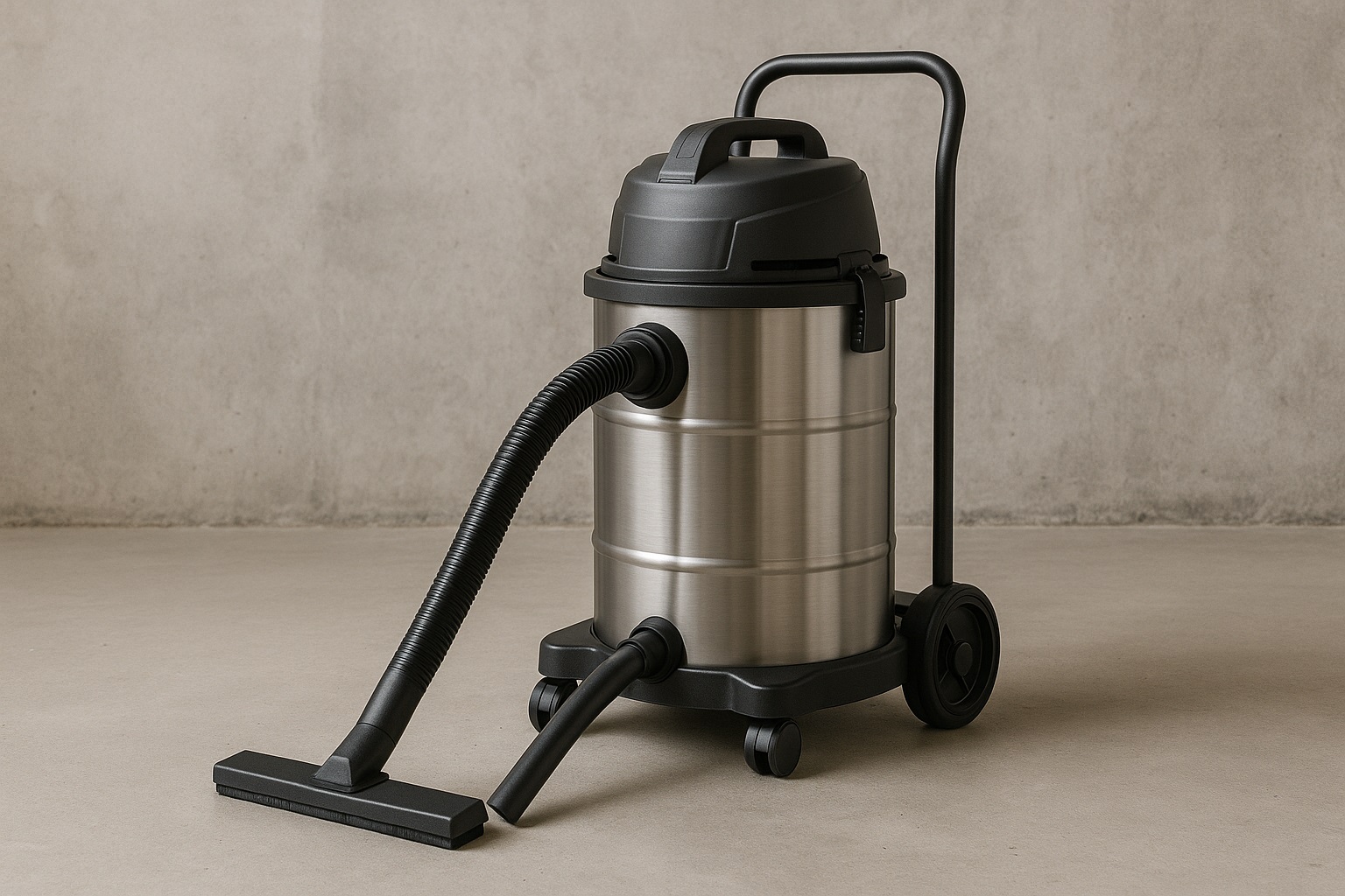 Durable Stainless Steel Commercial Barrel Vacuum Cleaner 32L – Wet Dry Drum Vacuum with Rear Handle and Dual Nozzle Ports