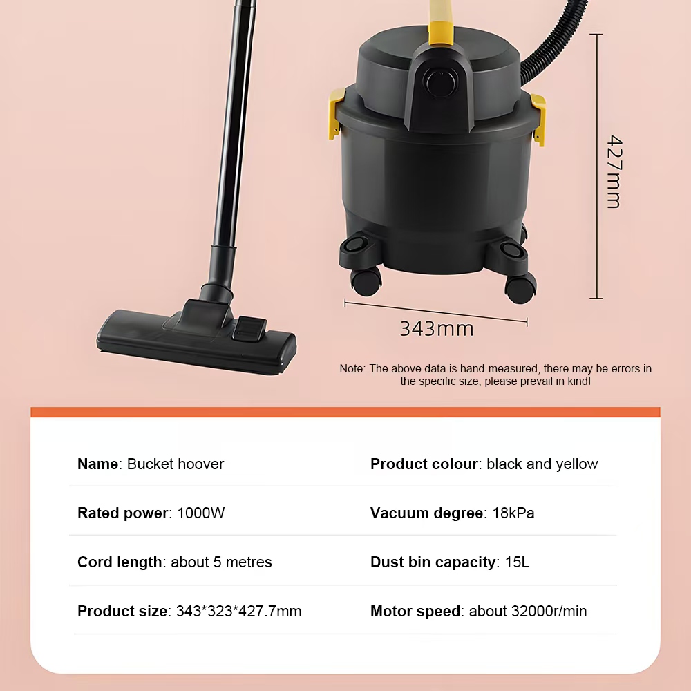 1000W Bucket Hoover Canister Vacuum Cleaner – 15L Capacity, 18kPa Suction, 5m Cord