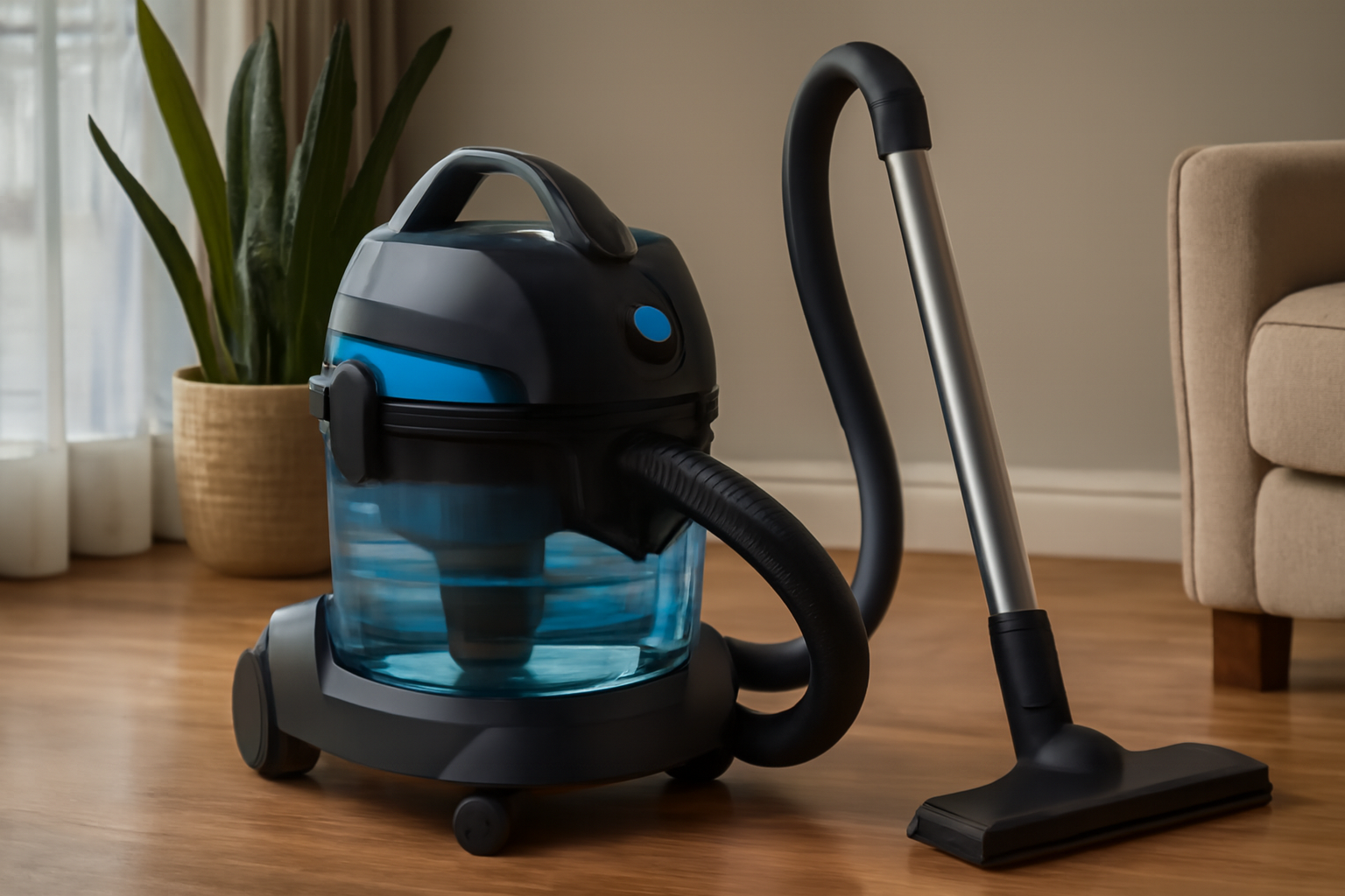 High-Capacity Blue Canister Vacuum Cleaner with Transparent Water Filtration Tank