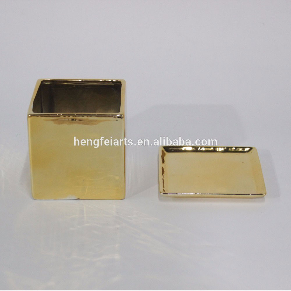 Unique Golden Planters with plate, ceramic shiny gold pot luxury