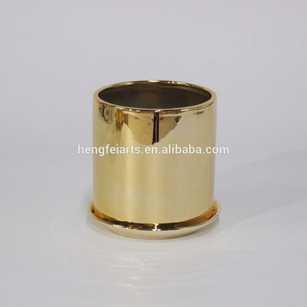 Round Golden Planters with plate, ceramic shiny gold pot luxury