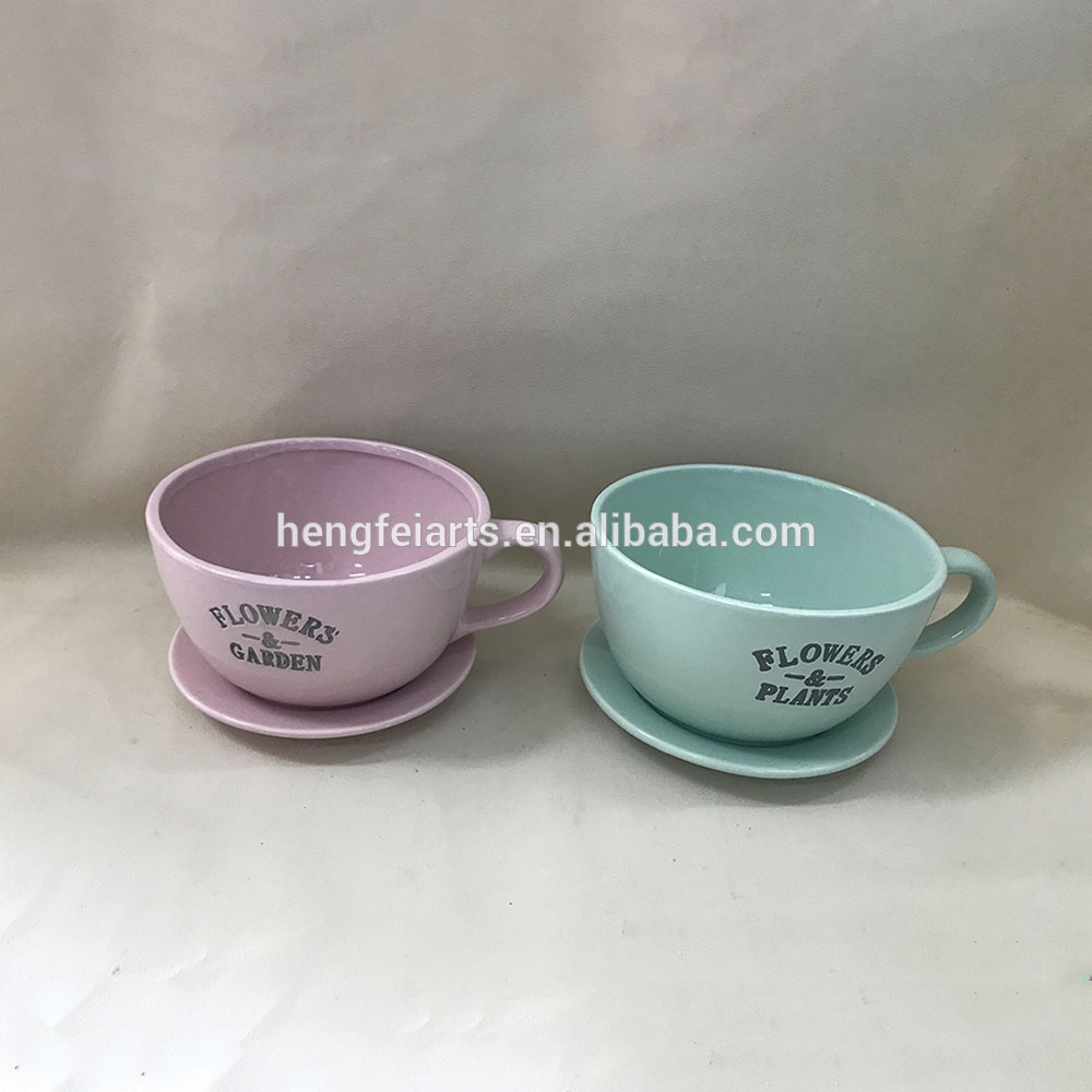 desktop decoration custom ceramic cup shaped flower pot with dish