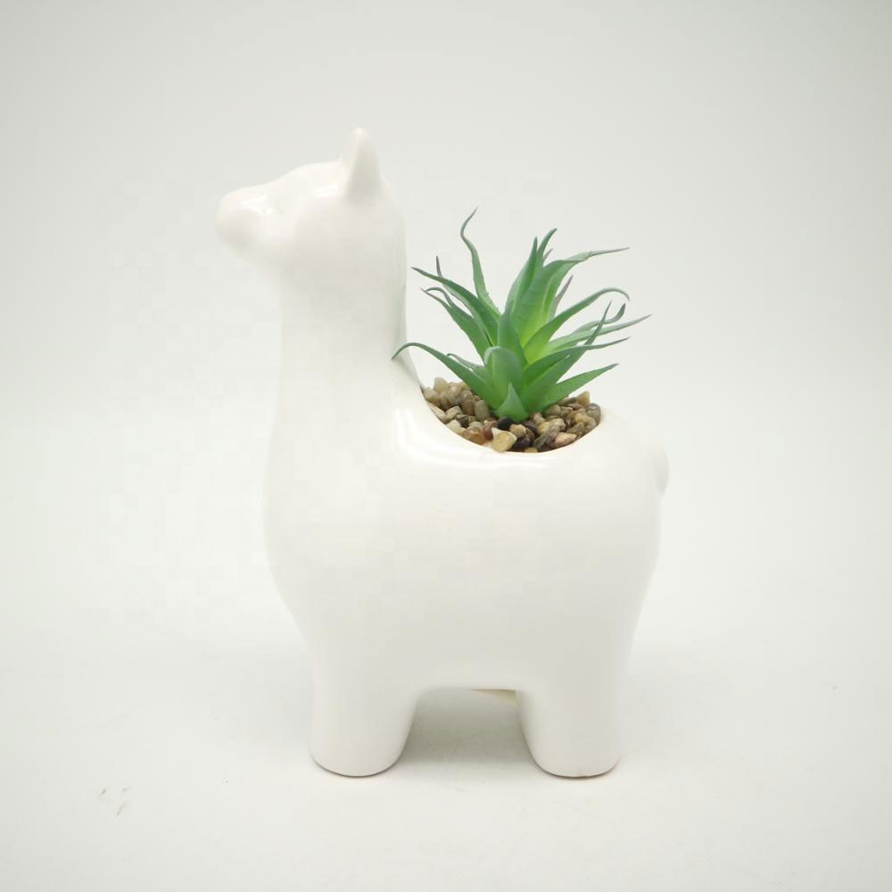 Ceramic Pure White Llama Pot with Natural Touch Faux Succulent Potted With Simulated Soil