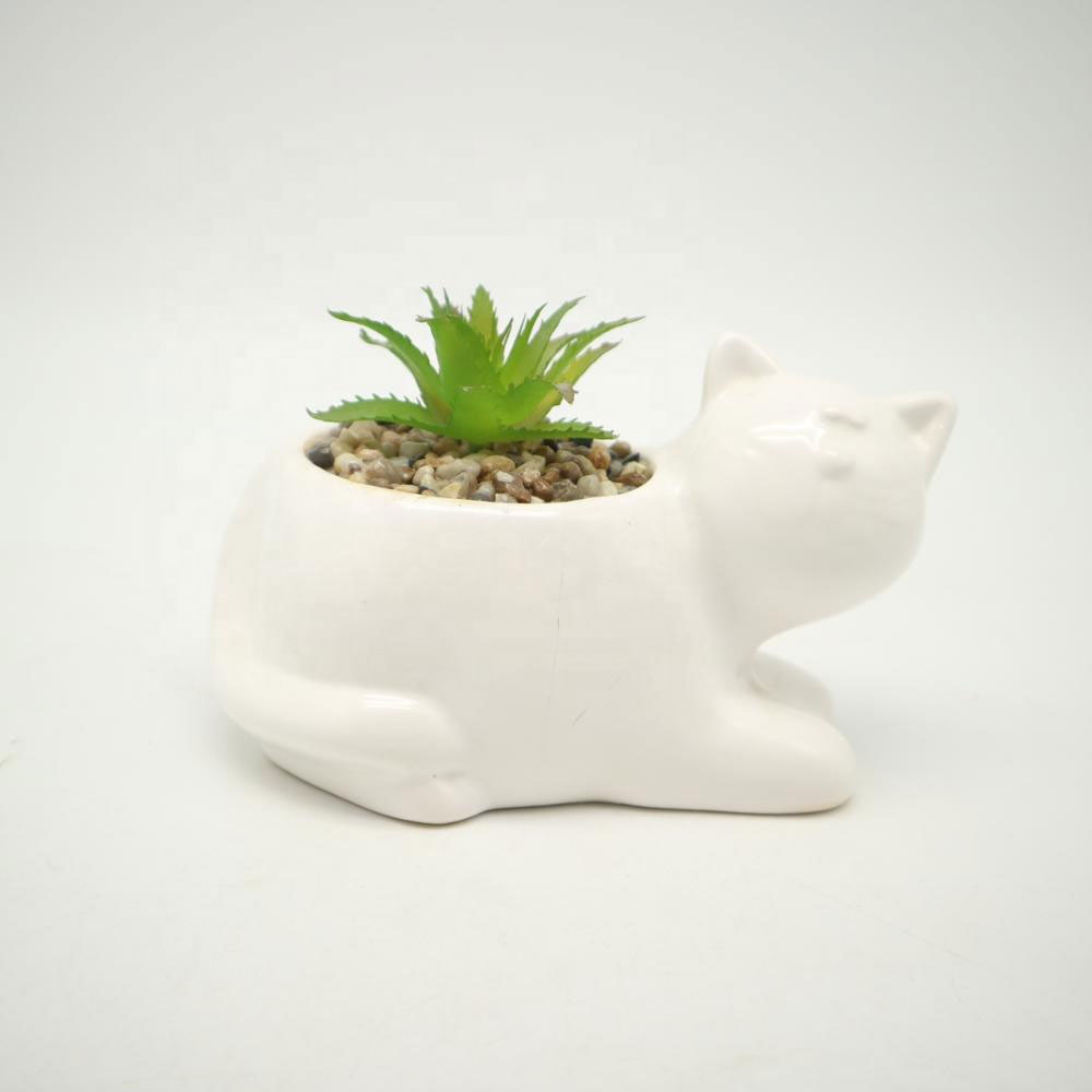 Pure White Ceramic Cat design Planter with Natural Touch Faux Succulent potted with simulated soil.