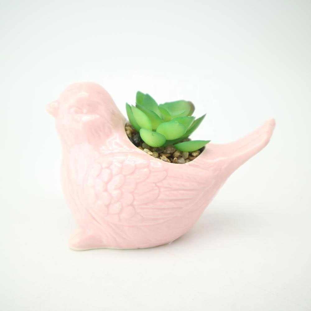 New design quality glazed ceramic bird shape succulent planter pots with simulated soil