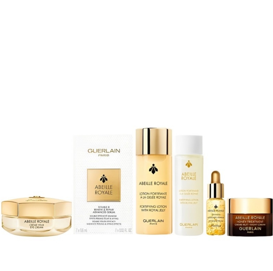 【澳門發貨】[熱銷] GUERLAIN 嬌蘭殿級蜂皇蜜護日霜套裝（殿級蜂皇蜜護日霜50ml+殿級蜂皇再生修護雙效眼精華0.6ml*7片+殿級蜂皇精華爽膚水40ml+15ml+殿級蜂皇升級版水凝黑蜂活肌蜜5ml+殿級蜂皇蜜護晚霜7ml）