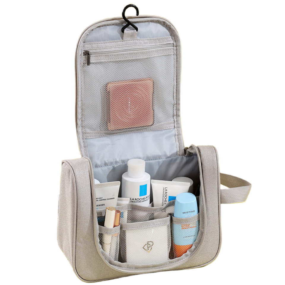 旅行便攜掛鉤洗漱包手提出差化妝品收納袋旅遊簡約化妝包立體燙金膨脹標