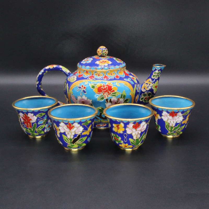 景泰藍茶壺茶杯套裝外事商務工藝禮品掐絲琺瑯花絲銀藍套裝擺件