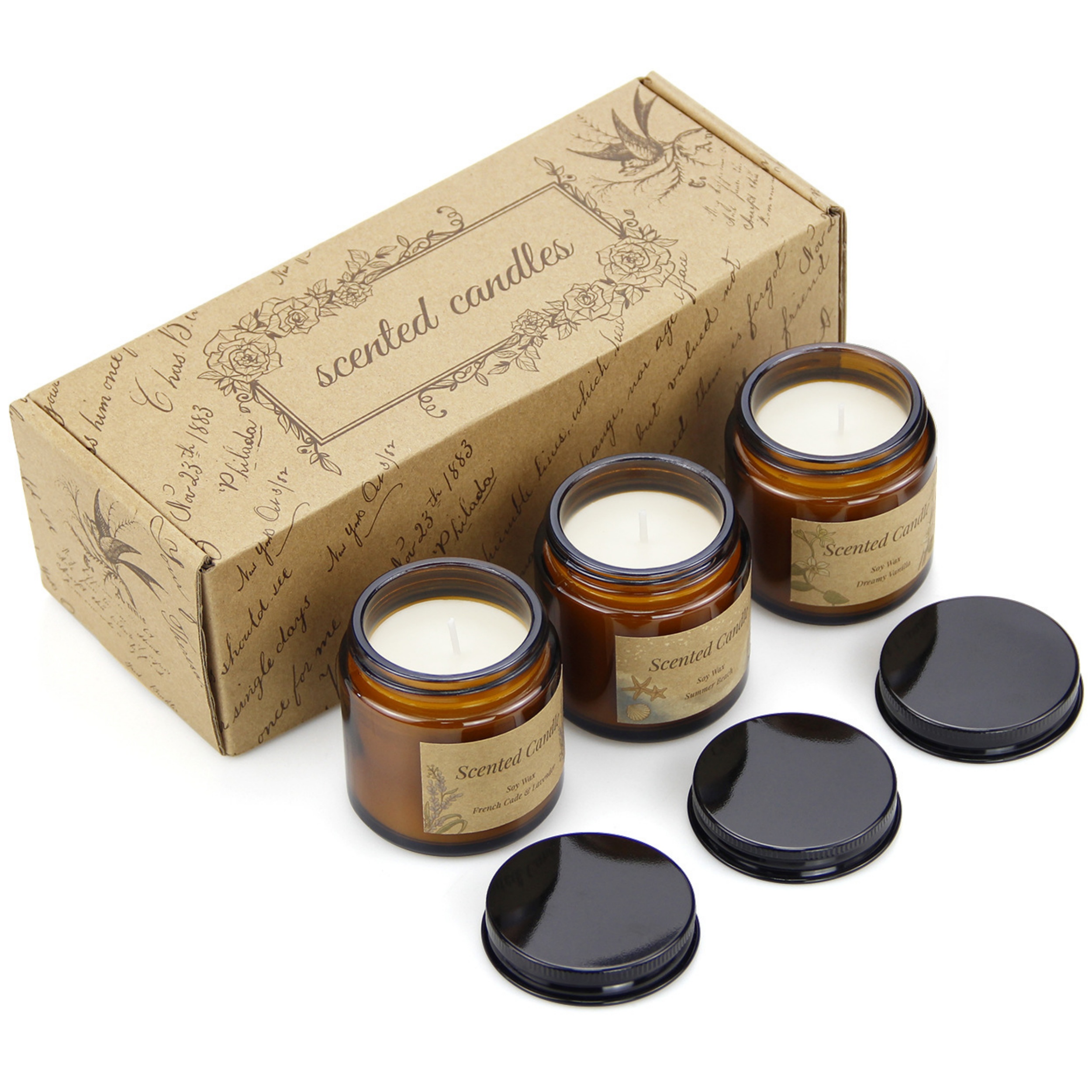 香薰蠟燭三件裝玻璃杯大豆蠟套裝香氛蠟燭