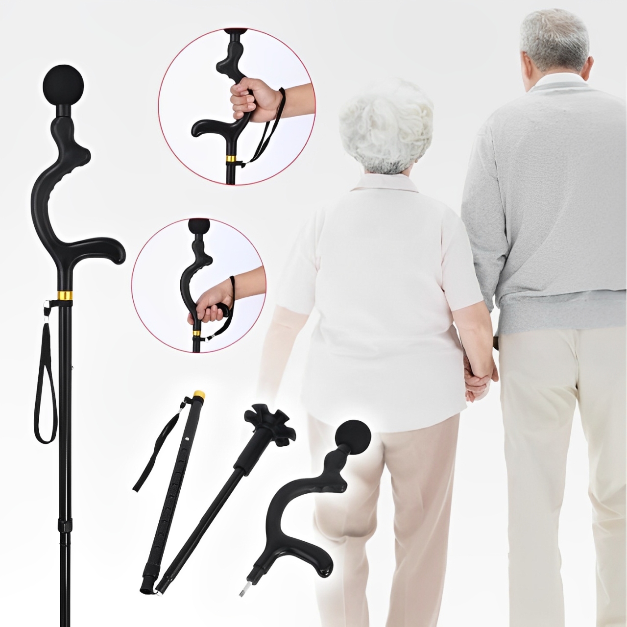 可折疊手杖折疊鋁合拐杖老年人按摩手杖雙握把手杖戶外登山杖