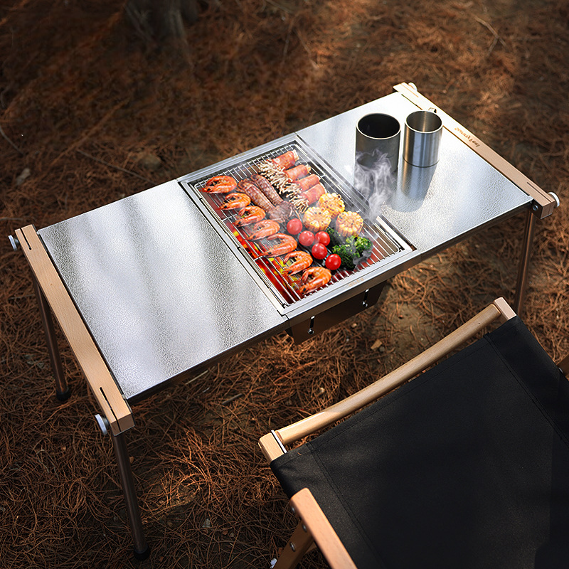 SunnyFeel折疊組合燒烤桌戶外露營不銹鋼野餐組合燒烤桌子燒烤爐柴火爐桌