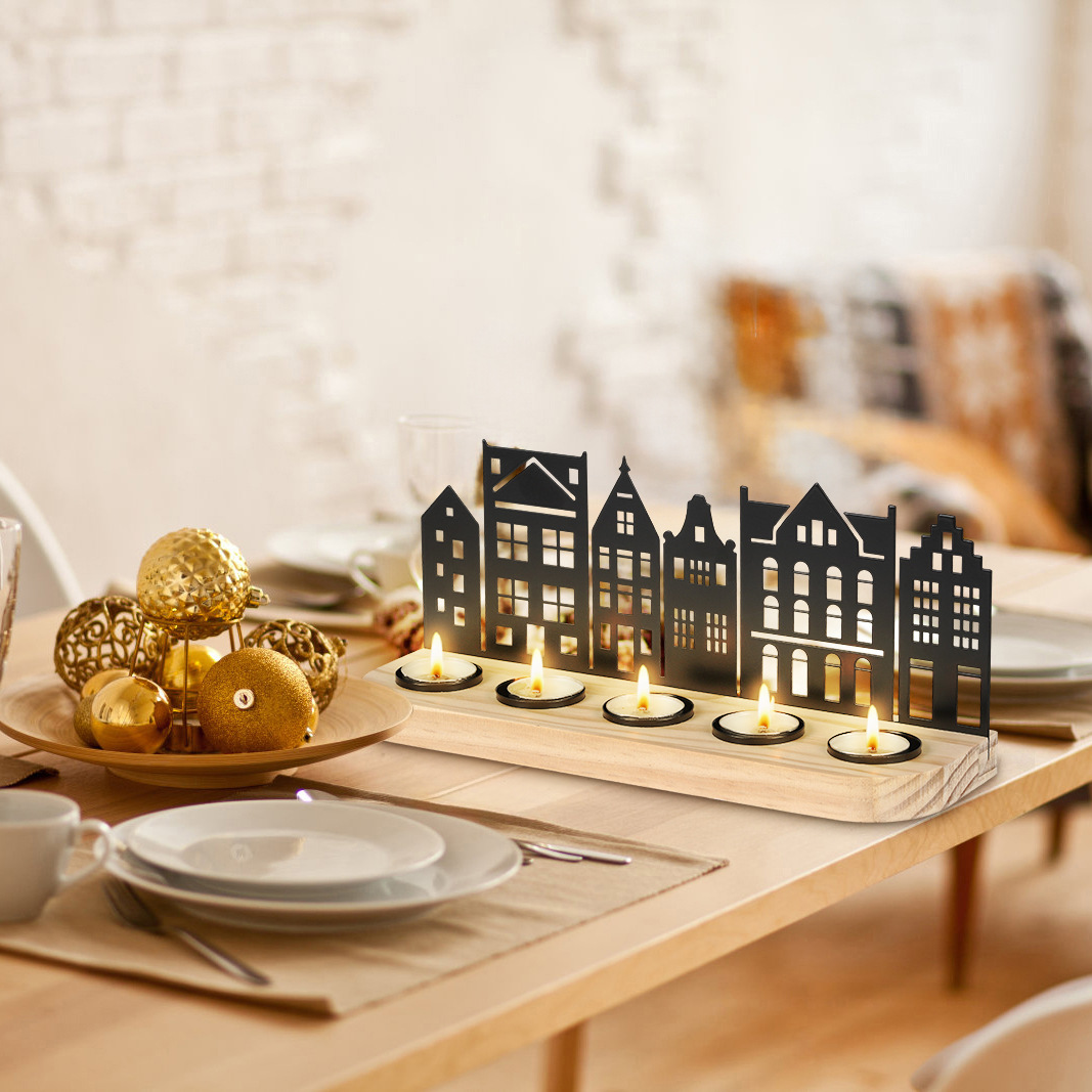 北歐鐵藝房子造型燭台客廳擺件木質工藝品燭光晚餐裝飾蠟燭臺