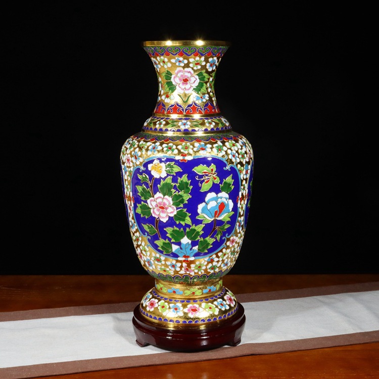 景泰藍花瓶擺件銅胎掐絲琺瑯花絲銀藍牡丹六線瓶