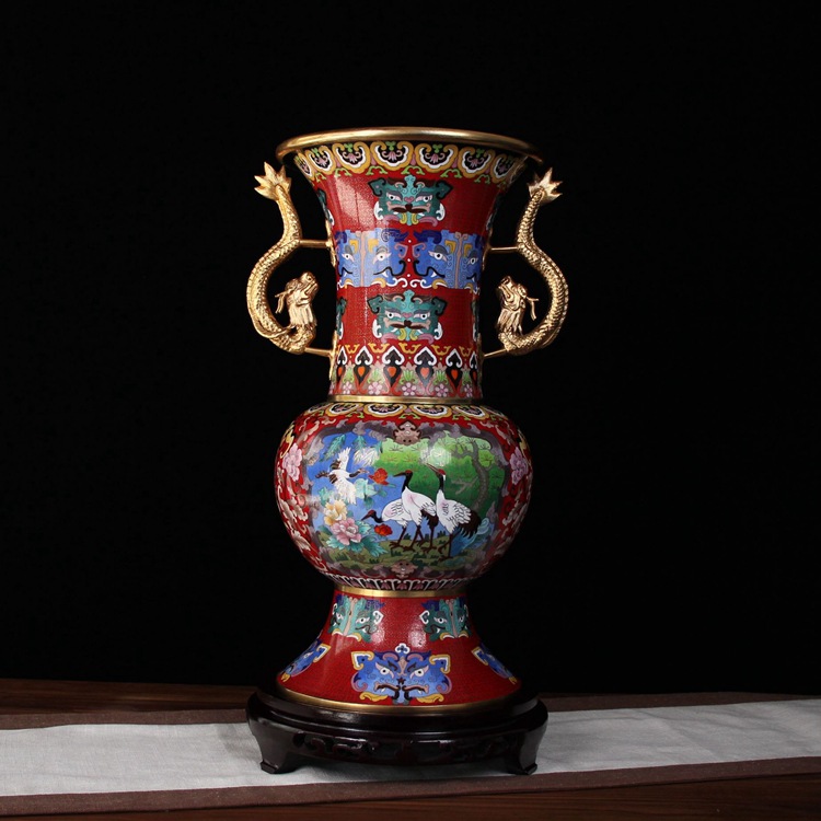 景泰藍雙耳瓶老貨傳統銅胎掐絲琺瑯花瓶擺件紀念收藏