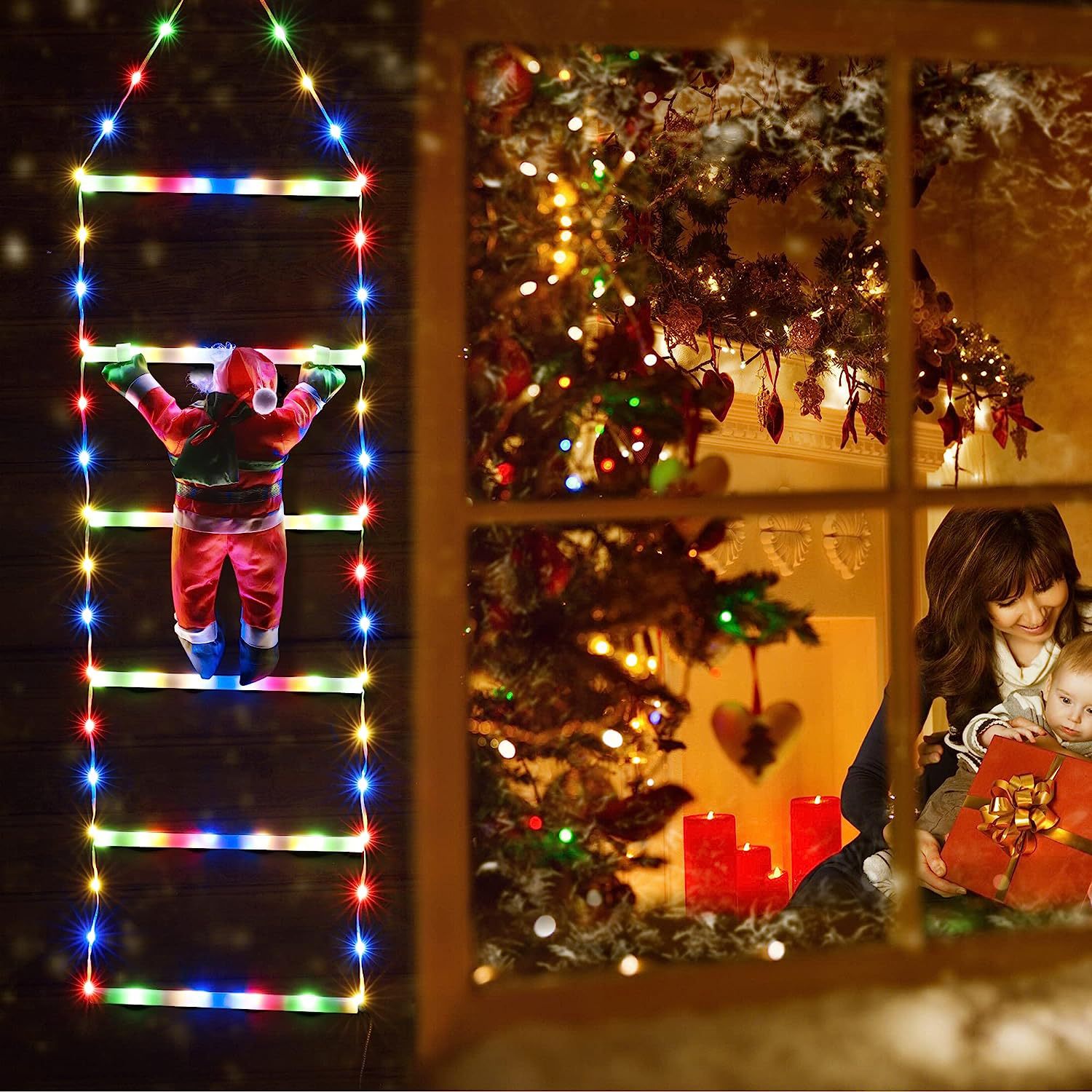 LED聖誕梯子燈帶聖誕老人爬梯掛燈耶誕節裝飾梯子燈戶外防水屋簷裝飾彩燈燈串