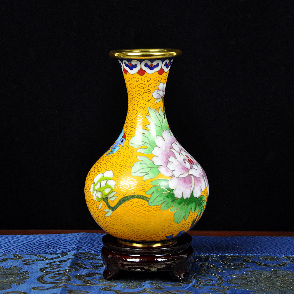 景泰藍花瓶玉壺春小瓶含木座手工銅胎掐絲琺瑯高溫燒制手工藝