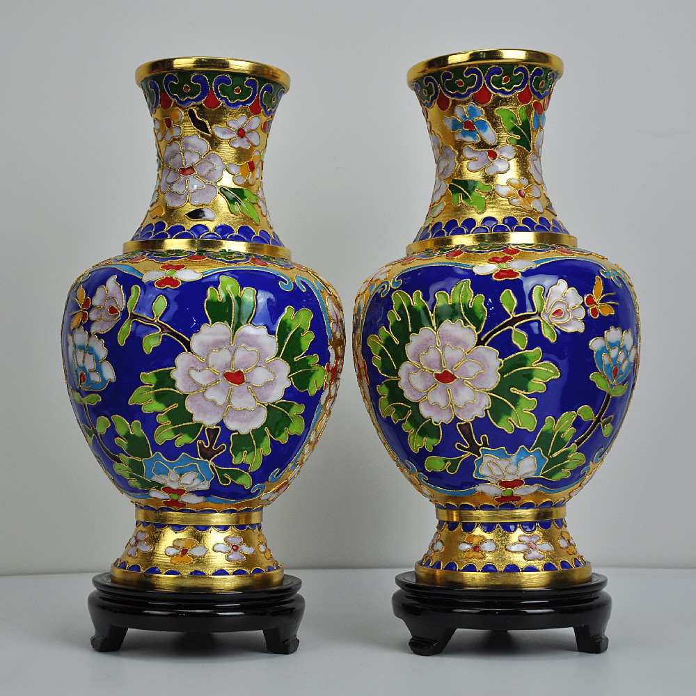 一對景泰藍花瓶鍍金銅胎掐絲琺瑯高溫燒制傳統老北京手工藝品