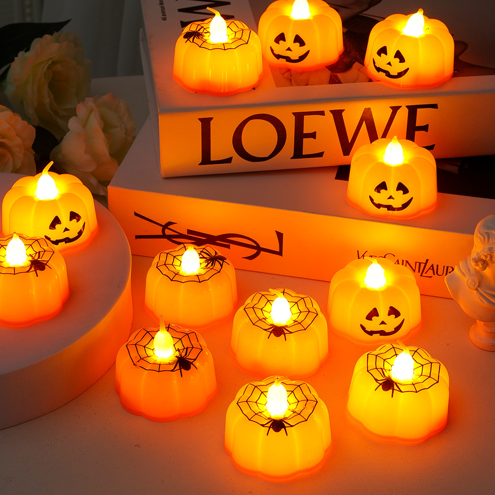 南瓜小蠟燭12個裝電子蠟燭萬聖節派對裝飾用品發光南瓜可印花