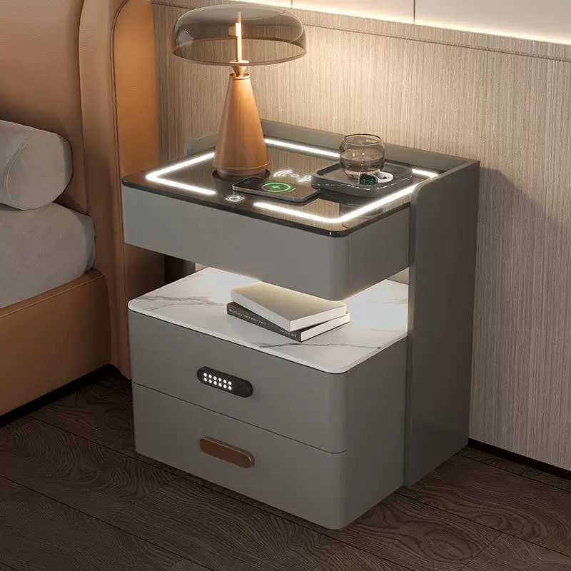 智能床頭櫃帶感應燈密碼鎖無線充藍牙音響簡約現代高級感三抽輕奢家用臥室床頭儲物床邊收納櫃