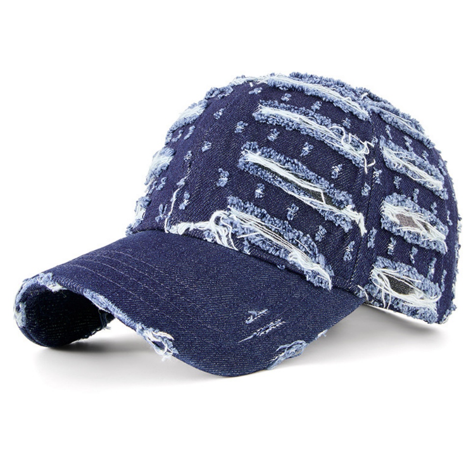 破洞牛仔棒球帽春夏新品個性棒球帽做舊破洞牛仔帽潮流水洗軟頂寬帽檐鴨舌帽