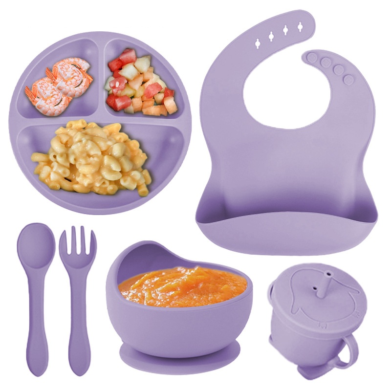 硅膠輔食餐盤六件套兒童寶寶輔食碗勺子杯子茶籽圍兜餐具套裝