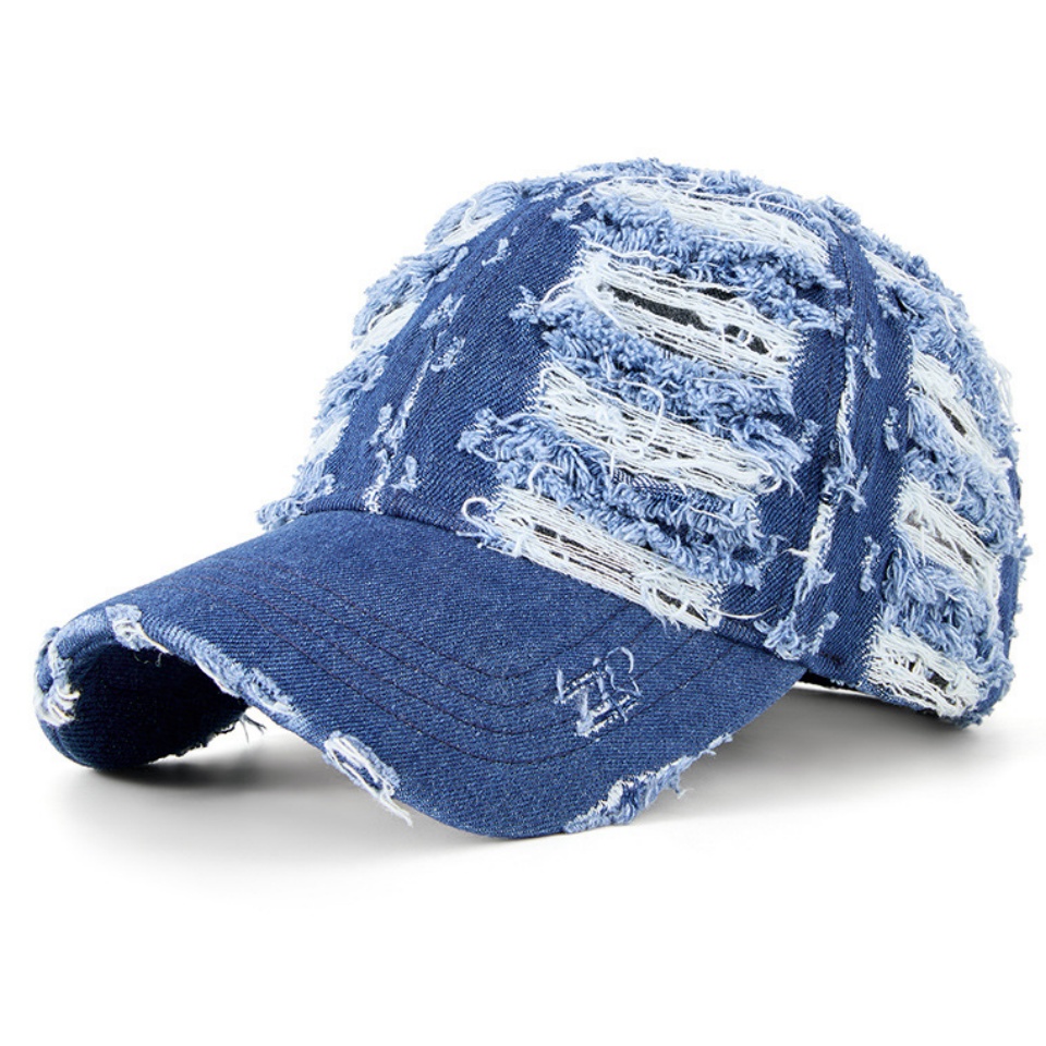 破洞牛仔棒球帽春夏新品個性棒球帽做舊破洞牛仔帽潮流水洗軟頂寬帽檐鴨舌帽