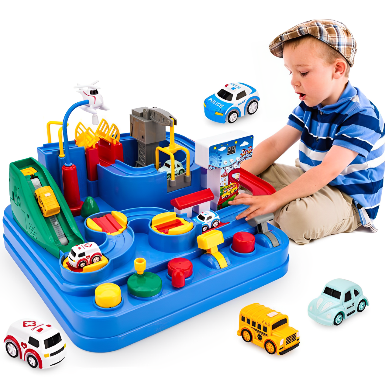 汽車大冒險兒童闖關滑行軌道車配4只車馬卡龍色軌道車