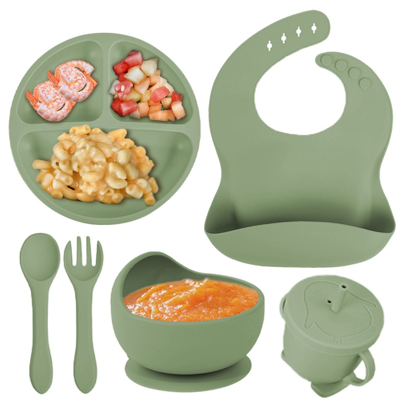 硅膠輔食餐盤六件套兒童寶寶輔食碗勺子杯子茶籽圍兜餐具套裝