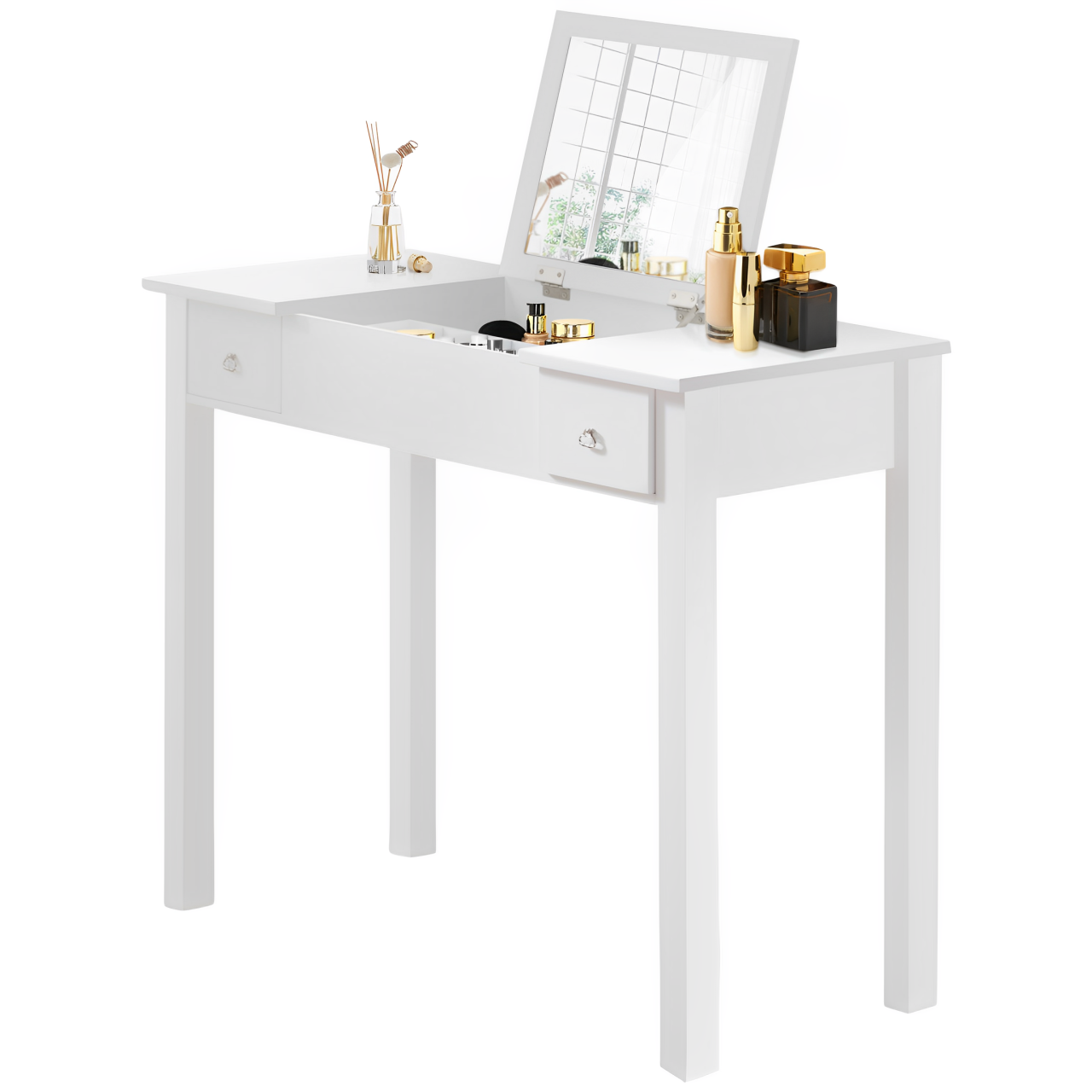 翻蓋梳妝檯簡約家居化妝桌翻蓋鏡面化妝臺兩抽收納梳妝桌子