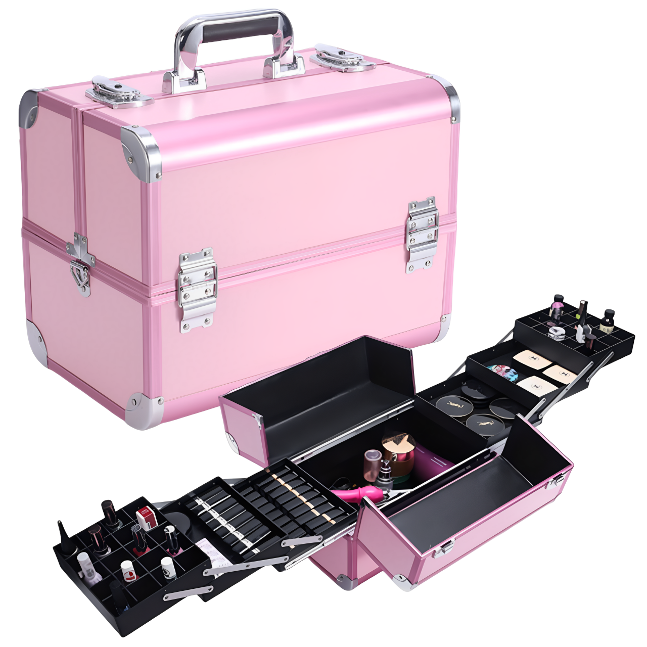 多層大容量手提化妝箱跟妝彩妝收納箱多功能美甲箱紋繡