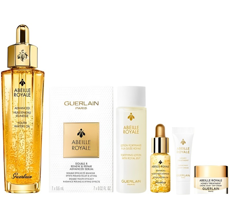 【澳門發貨】[熱銷] GUERLAIN 嬌蘭殿級蜂皇升級版水凝黑蜂活肌蜜套裝（殿級蜂皇升級版水凝黑蜂活肌蜜50ml+5ml+殿級蜂皇精華爽膚水15ml+殿級蜂皇再生修護雙效眼精華0.6ml*7片+殿級蜂皇蜜護日霜7ml+殿級蜂皇蜜護晚霜3ml）