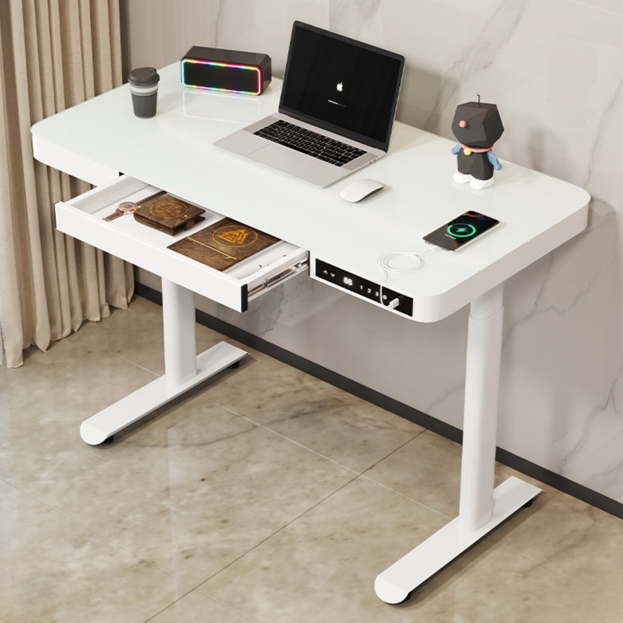 抽屜智能電動升降桌鋼化玻璃桌面家用多功能辦公可站立式電腦升降桌