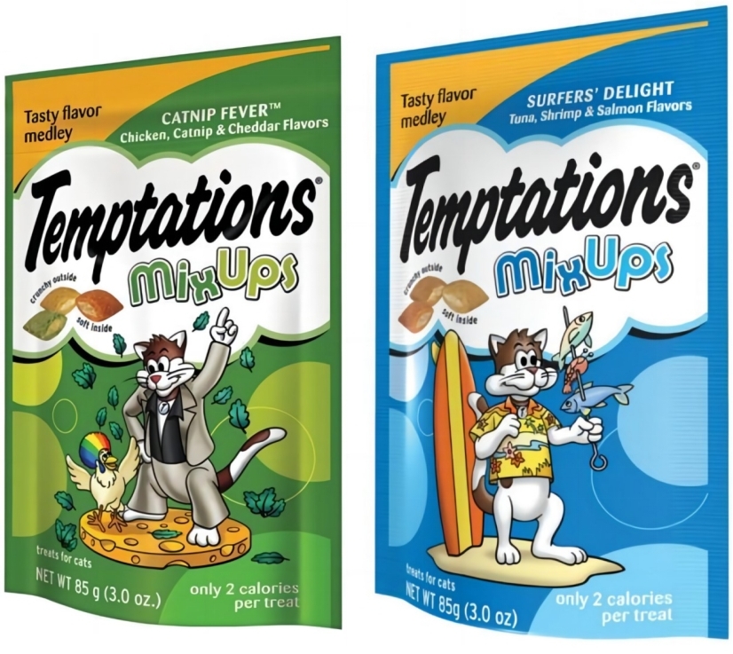 【澳門發貨】（原箱12包）whiskas偉嘉Temptations三重奏貓小食混合口味85g芝士雞猫草味/吞拿魚蝦三文魚味寵物貓貓咪零食主食營養糧食貓糧