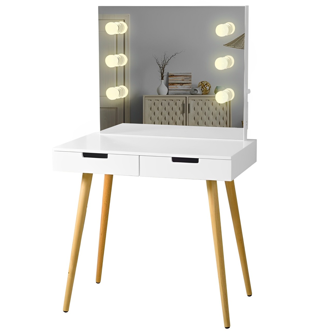 LED燈梳妝檯小型臥室現代簡約實木化妝臺中規插座化妝桌子化妝鏡